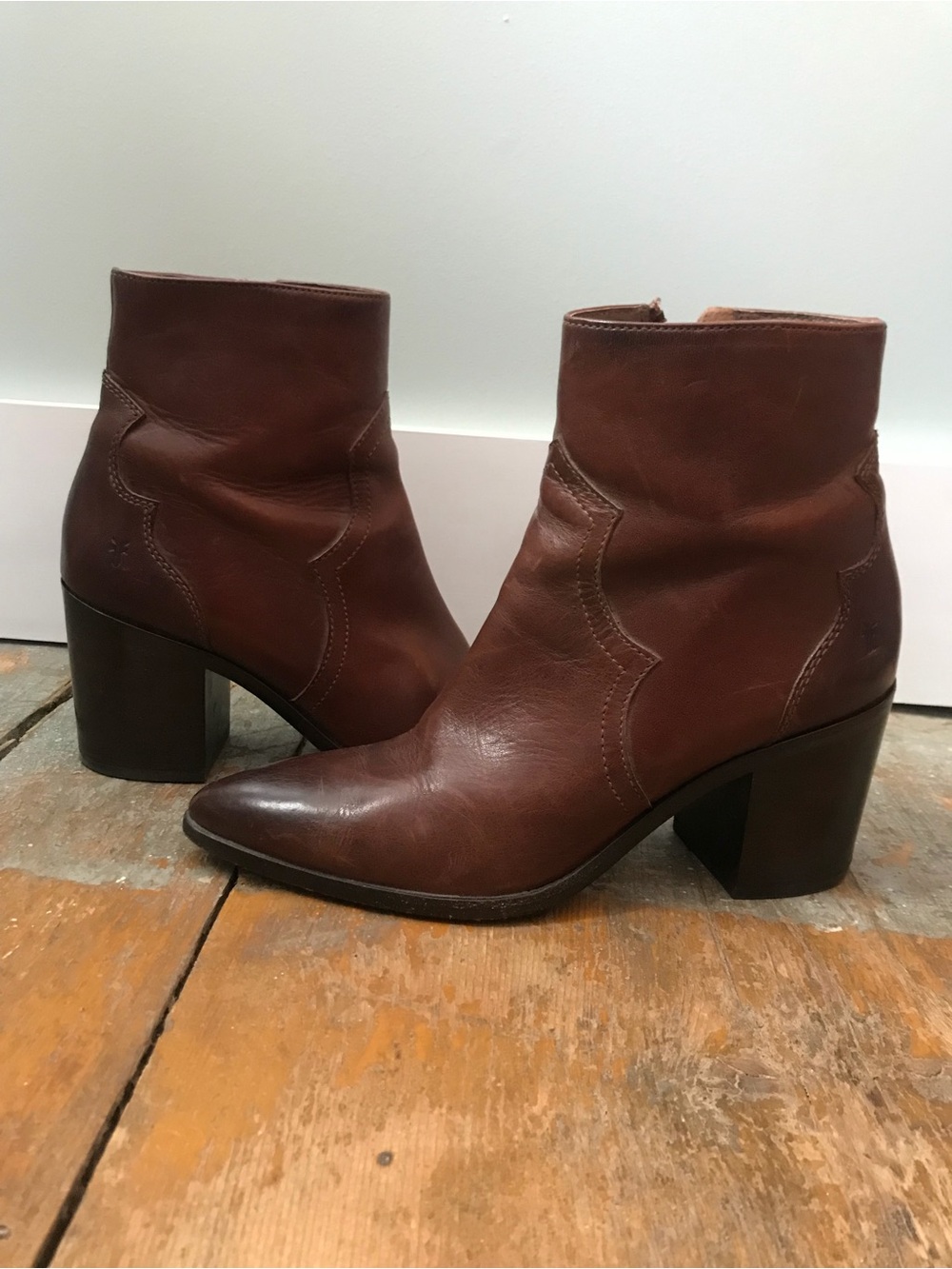 Frye Brown Leather Block Heel Ankle Boots